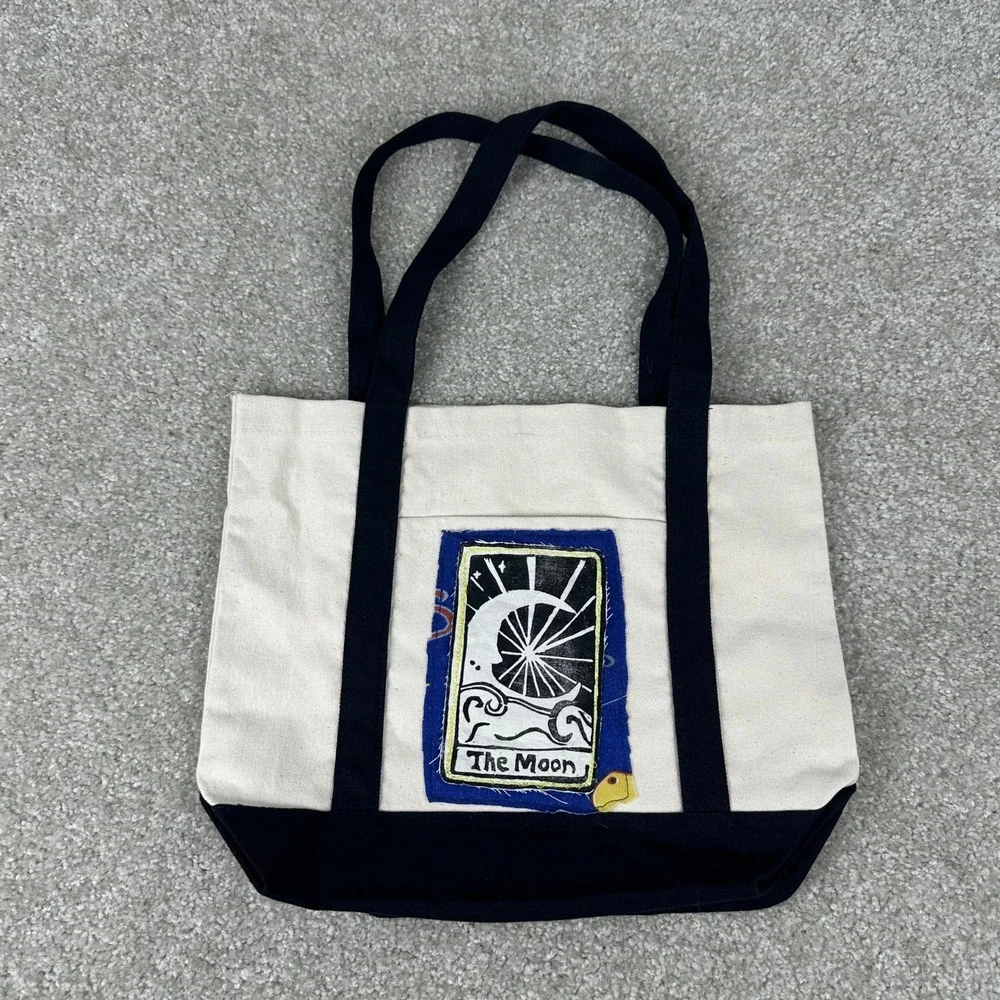 The Moon Tarot Card Canvas Tote Bag Black Celestial Linocut Handmade Shopper